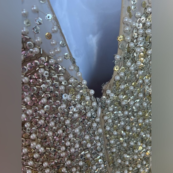 Vintage elegant cocktail dress beige sheer beads pearls sequins Peak Evenings XS - Picture 8 of 13